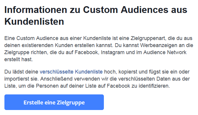 Facebook-Erklärung zur Custom Audience-Variante mit Kundenliste
