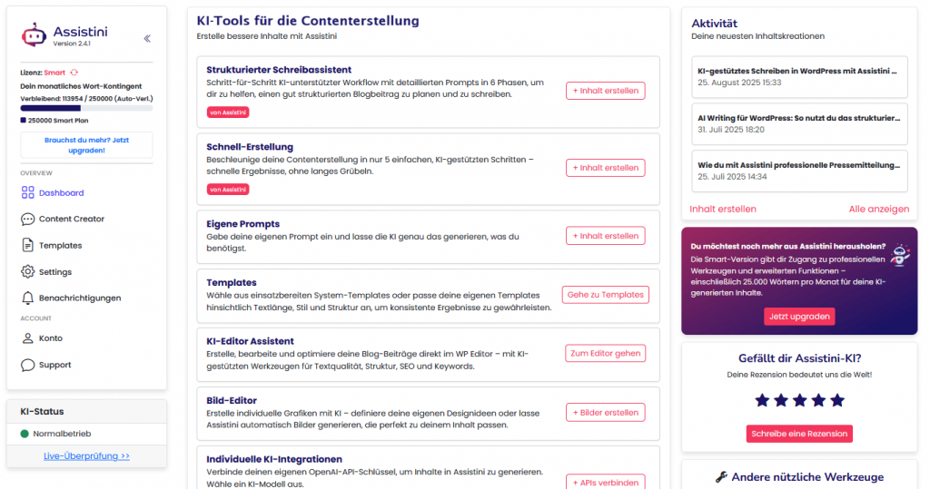 Assistini KI-Tools im WordPress Dashboard